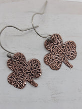 Load image into Gallery viewer, Shamrock Earrings Embossed with Celtic Knots, Hand Forged Copper Dangle Earrings. Handmade Jewelry, Irish Theme Earrings, St Patrick&#39;s Day Active
