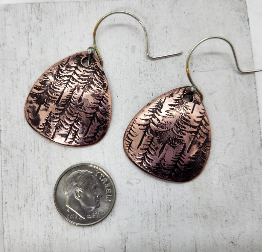 Evergreen Copper Earrings , Hand Forged Copper Dangle Earrings. Handmade Jewelry, OOAK Earrings, Boho Earrings, Forest, Tree Jewelry, Nature
