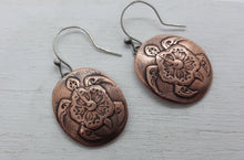 Load image into Gallery viewer, Sea Turtle Impression Copper Earrings , Hand Forged Copper Dangle Earrings. Handmade Jewelry, OOAK Earrings, Boho Earrings, Beach, Jewelry Active
