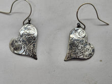 Load image into Gallery viewer, Fine Silver (0.999) Embossed Heart Earrings, Hand Forged Fine Silver Dangle Earrings. Handmade Jewelry, Heart Earrings, Valentines Day
