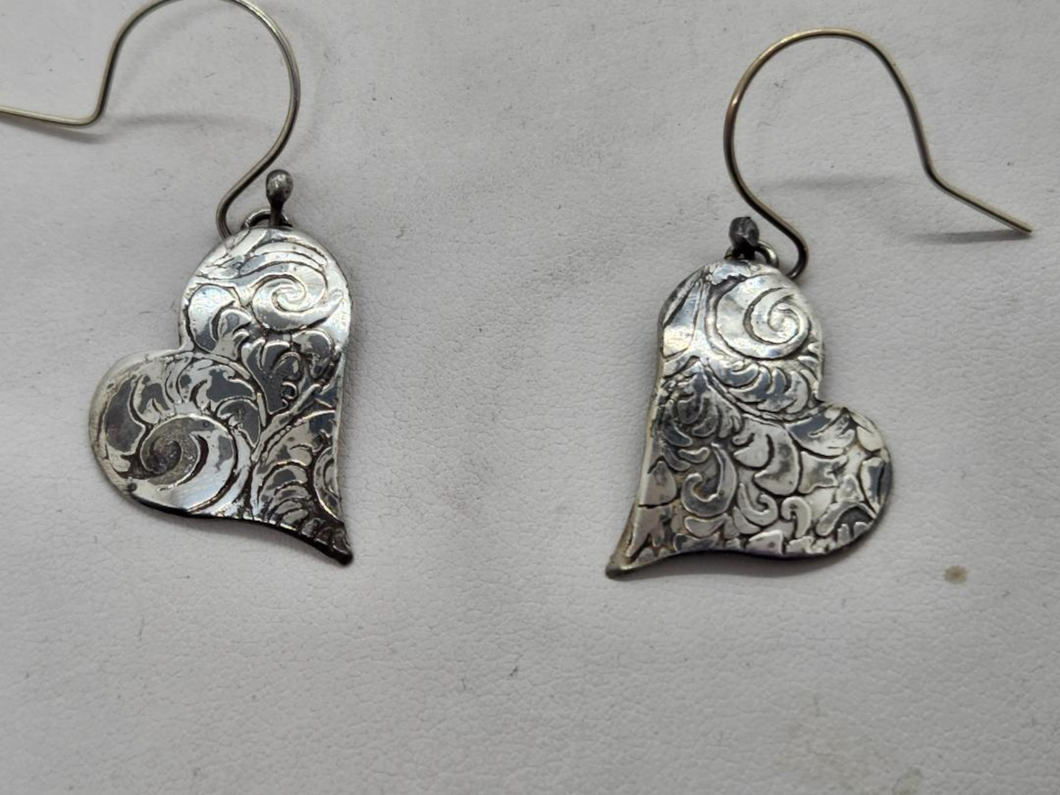Fine Silver (0.999) Embossed Heart Earrings, Hand Forged Fine Silver Dangle Earrings. Handmade Jewelry, Heart Earrings, Valentines Day