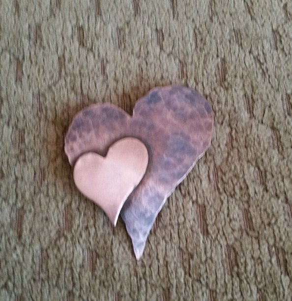 Copper Heart Brooch, Heart Shaped, Mother Child Pin, Heart Jewelry, 7th Anniversary Gift,Sweetheart Pin, Forged Copper Heart , Gift for Her