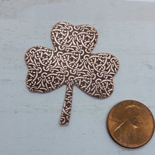 Load image into Gallery viewer, Shamrock Stamping Blank- textured with Celtic Knot Design, Copper Stamping Blank, Enamel Supply, Jewelry Component, Irish Jewelry, CelticArt Active
