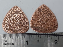 Load image into Gallery viewer, Embossed Copper Stamping Blanks / Mini Floral Design, Guitar Pick, Jewelry Component, Handmade, Jewelry Supply, Textured copper Blanks Active
