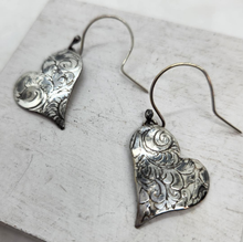 Load image into Gallery viewer, Fine Silver (0.999) Embossed Heart Earrings, Hand Forged Fine Silver Dangle Earrings. Handmade Jewelry, Heart Earrings, Valentines Day
